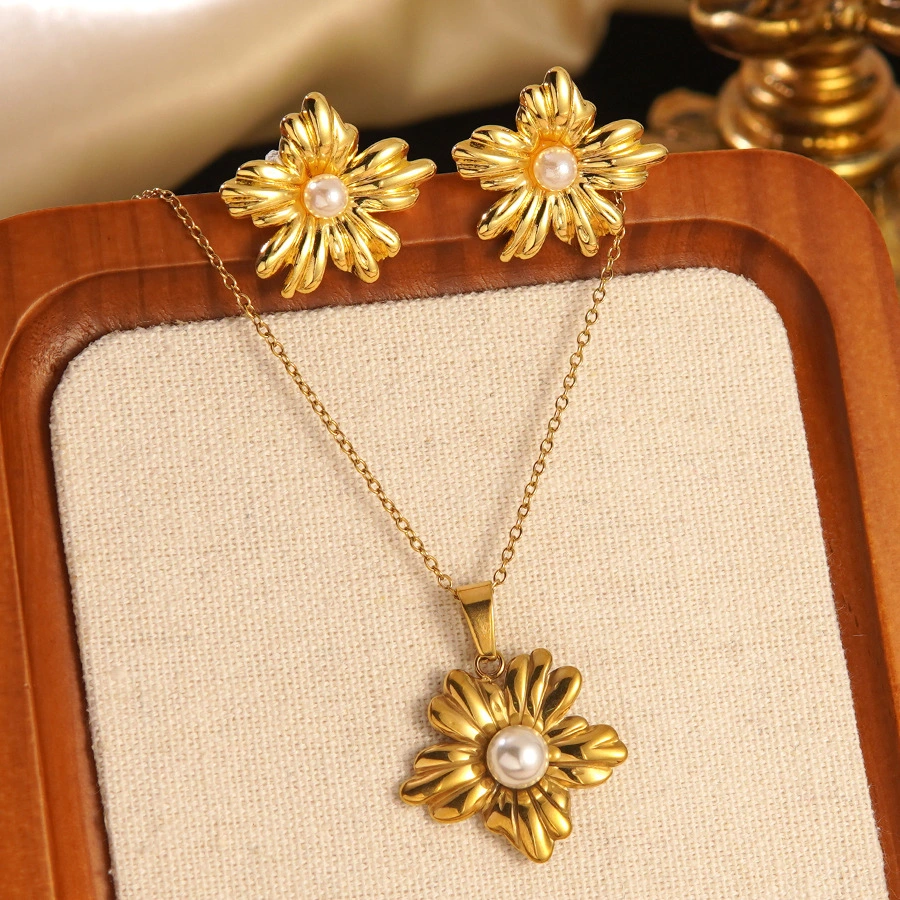 Stainless Steel Heart Bow Flower Necklace And Earrings Set