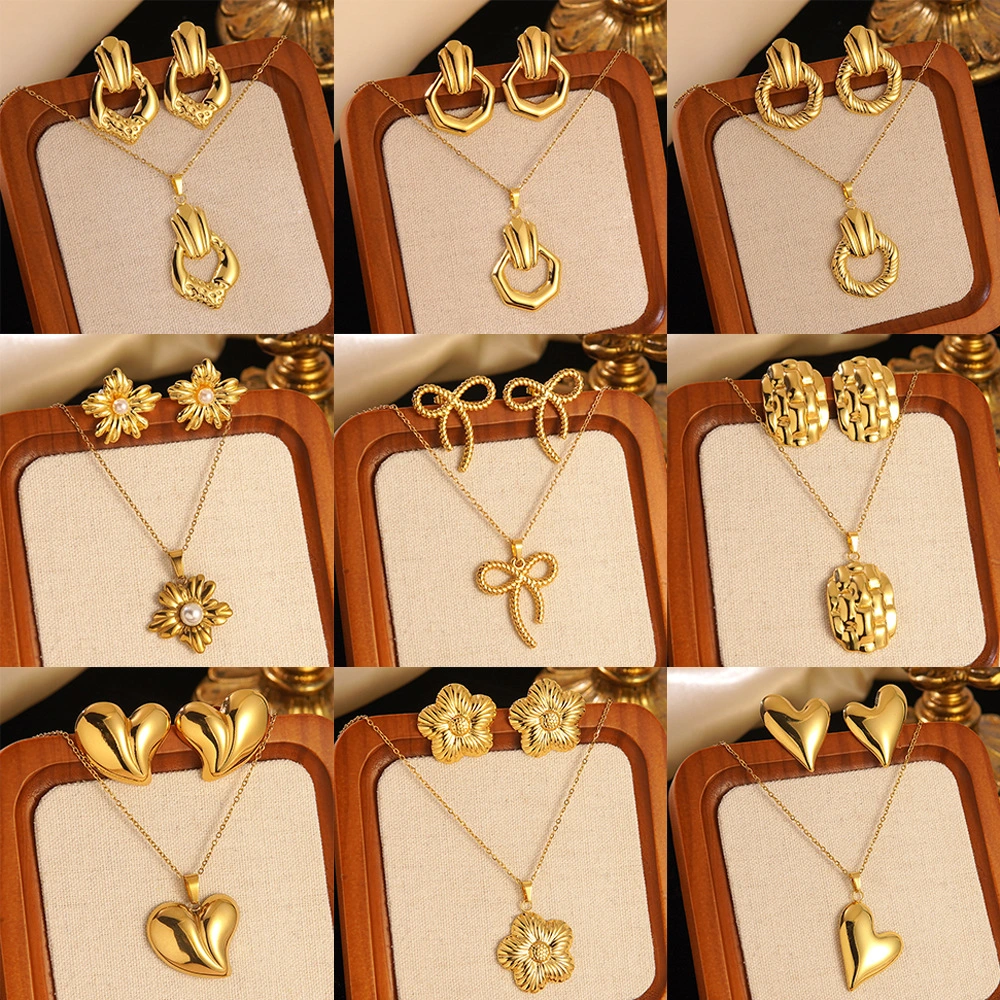 Stainless Steel Heart Bow Flower Necklace And Earrings Set