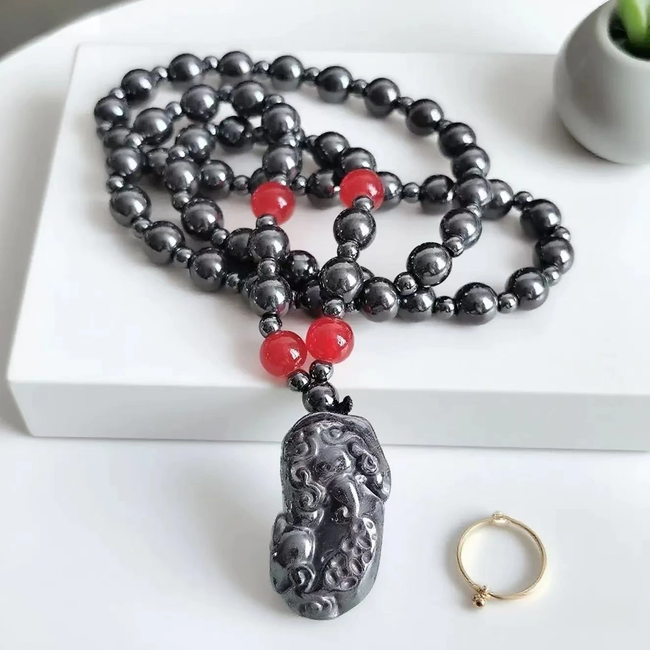 Ethnic-style Non-magnetic Black Obsidian Pixiu Buddha Head Pendant Jewelry