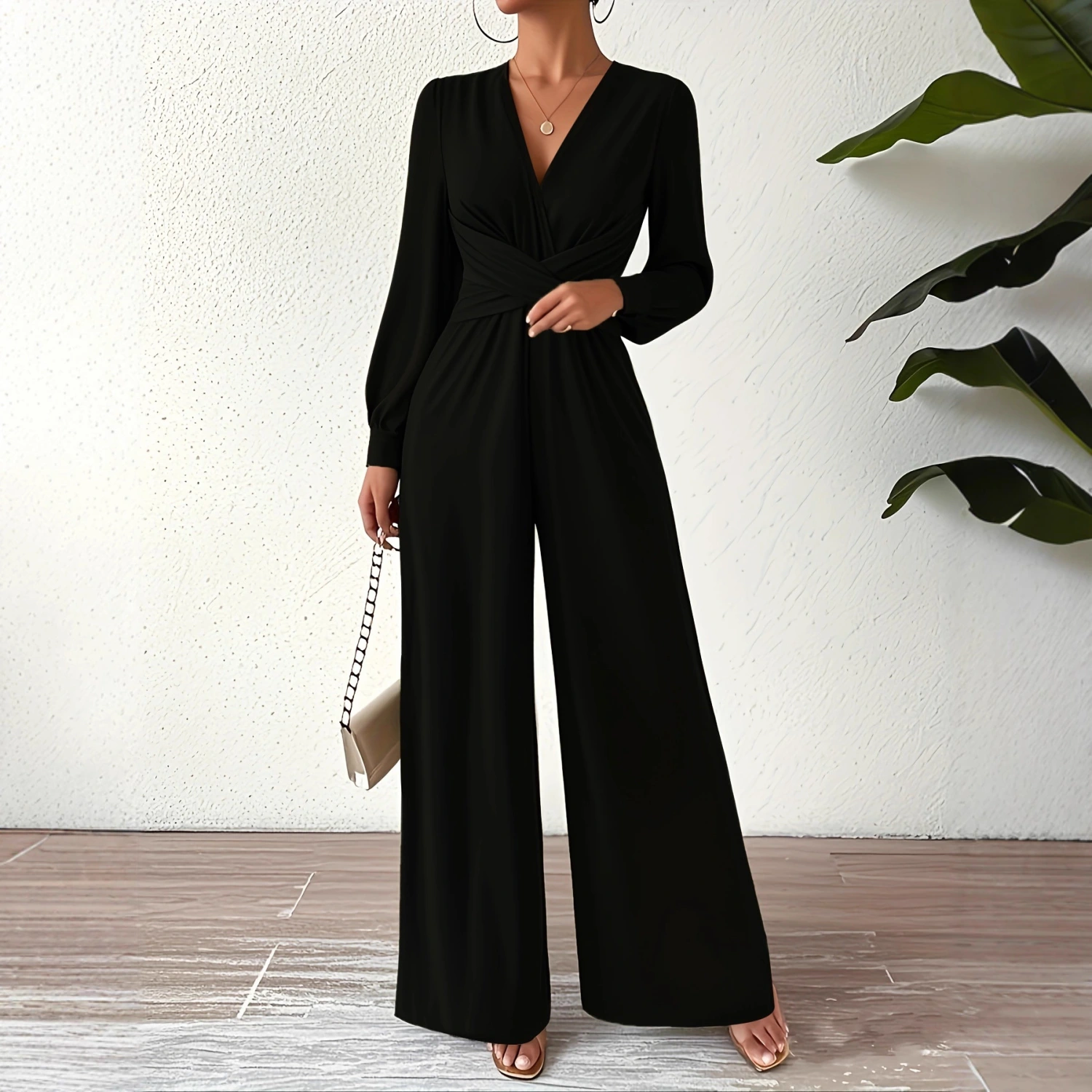 Women's  Elegant V Neck Cross Tie Waist Jumpsuit