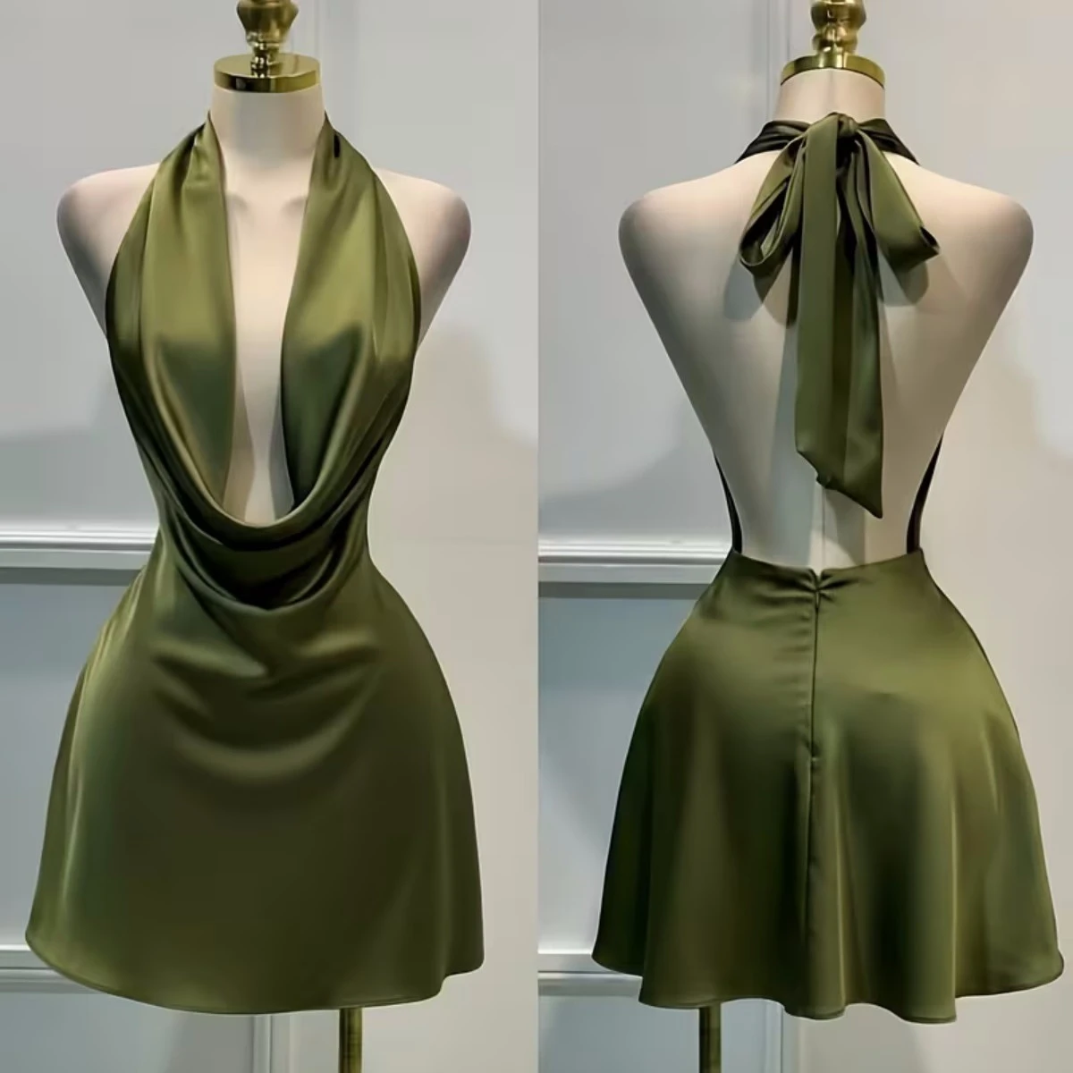 Ladies Elegant Solid Color Satin Back Zipper Dress