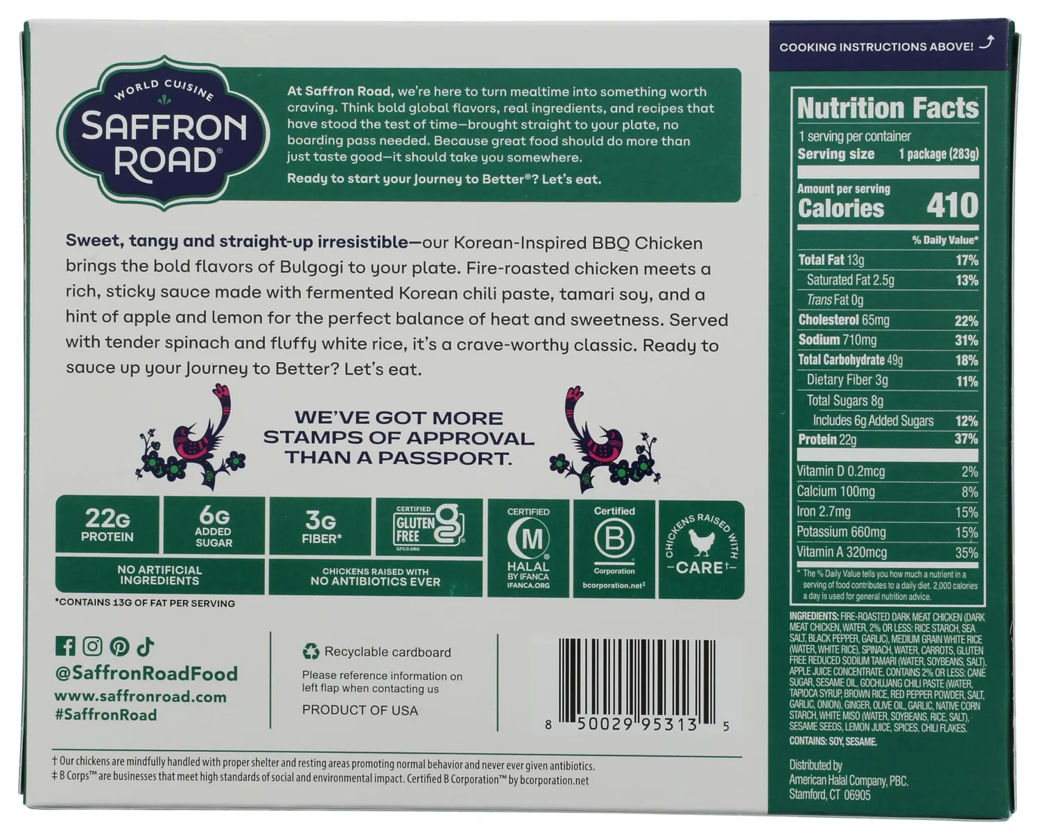 SAFFRON ROAD Korean Fire-Roasted Chicken with Spinach, 10 OZ