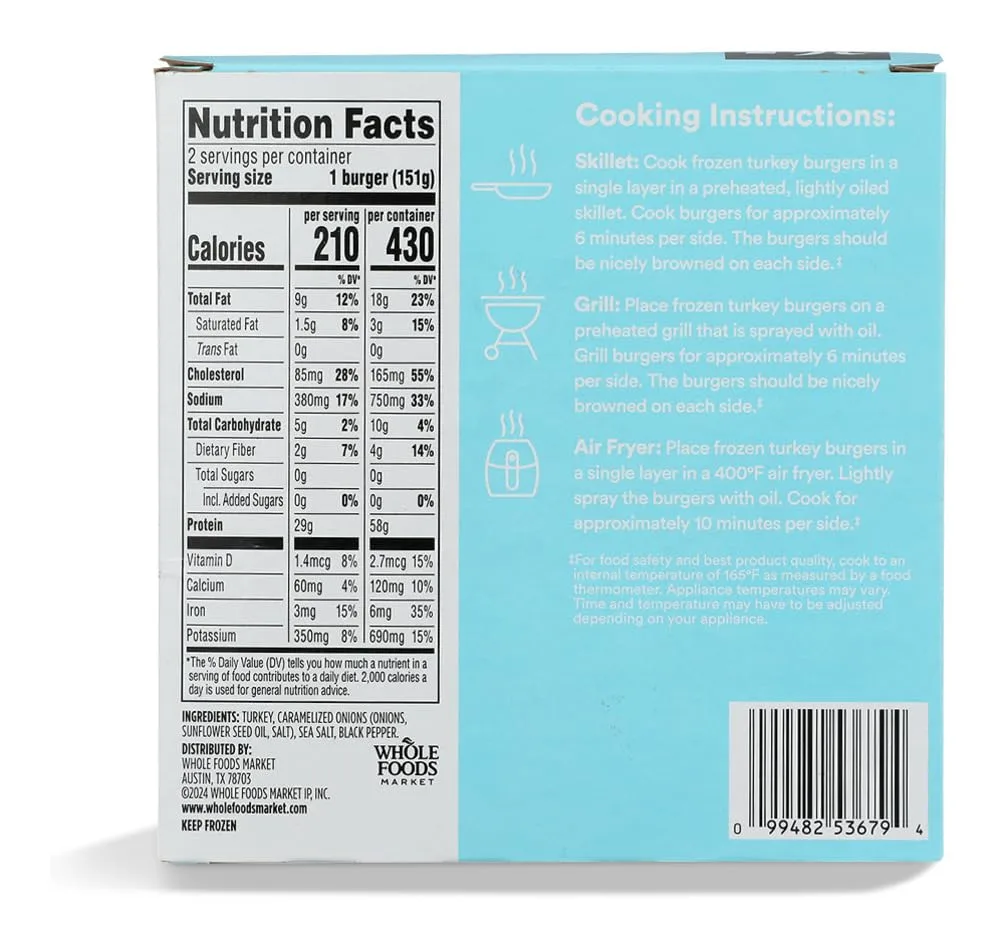 365 by Whole Foods Market Seasoned Carmelized Onion & Black Pepper Turkey Burgers, 10.67 OZ
