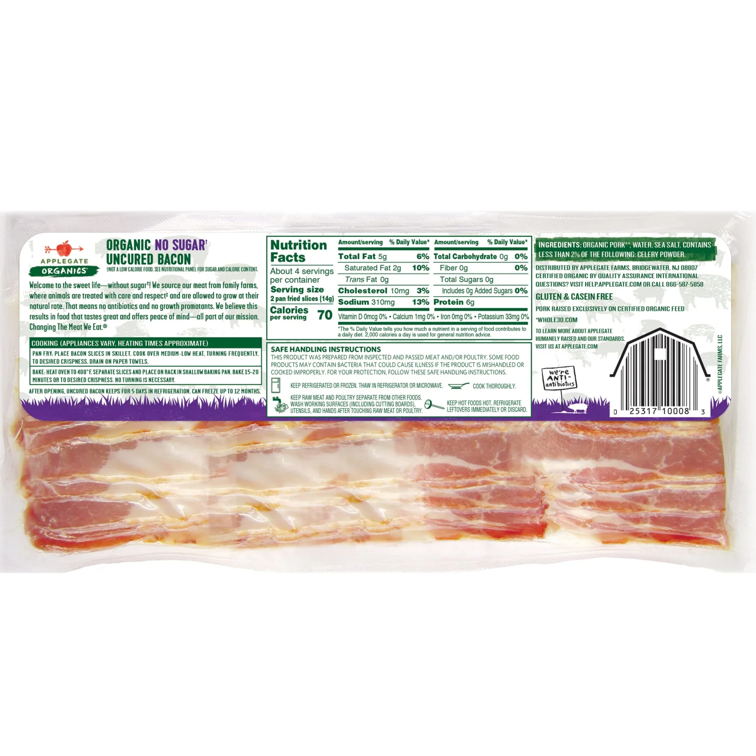 Applegate, Organic No Sugar Uncured Bacon, 8 oz