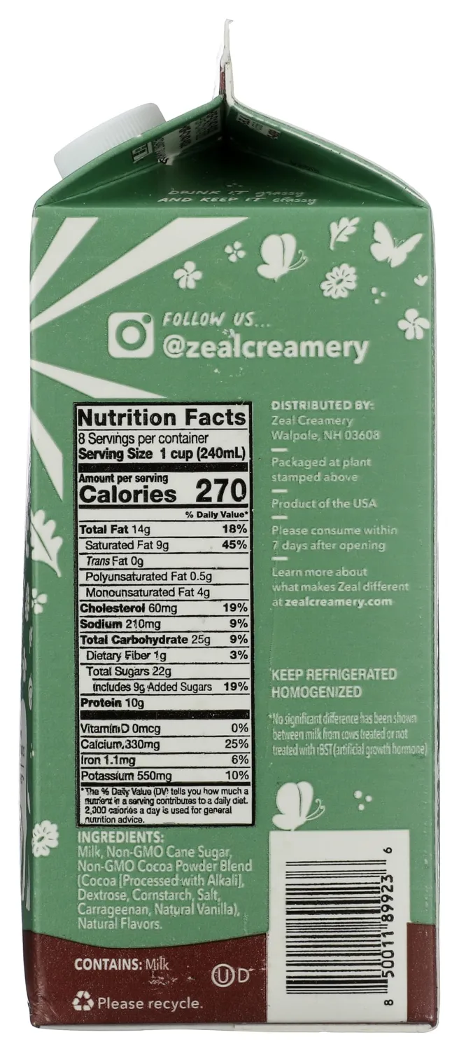 Zeal Creamery Grass Fed Chocolate Milk, 64 FZ