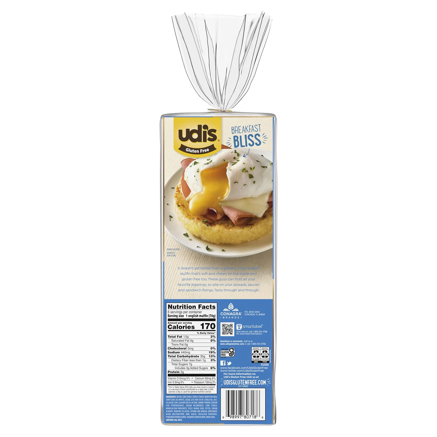 Udi's Gluten Free Soft & Delicious White English Muffins, Frozen, 15.07 oz. 6-Count