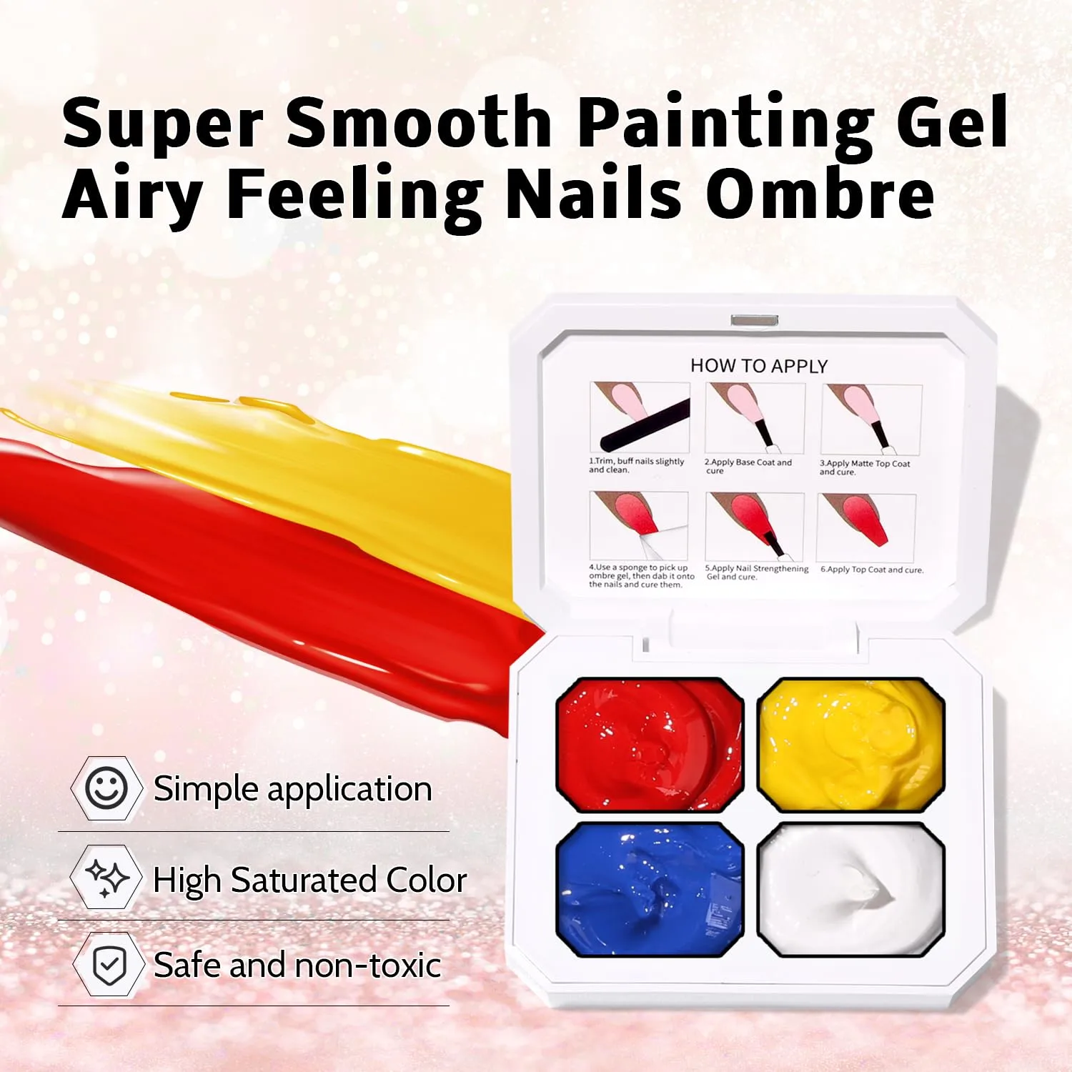 Sponge Pat Gel Nail Polish Palette, Blue Red Yellow White 4 Colors Primary Blending Ombre Gel Polish Gradient Painting Nails Art, No Wipe, UV/LED Cured (4 Colors A)