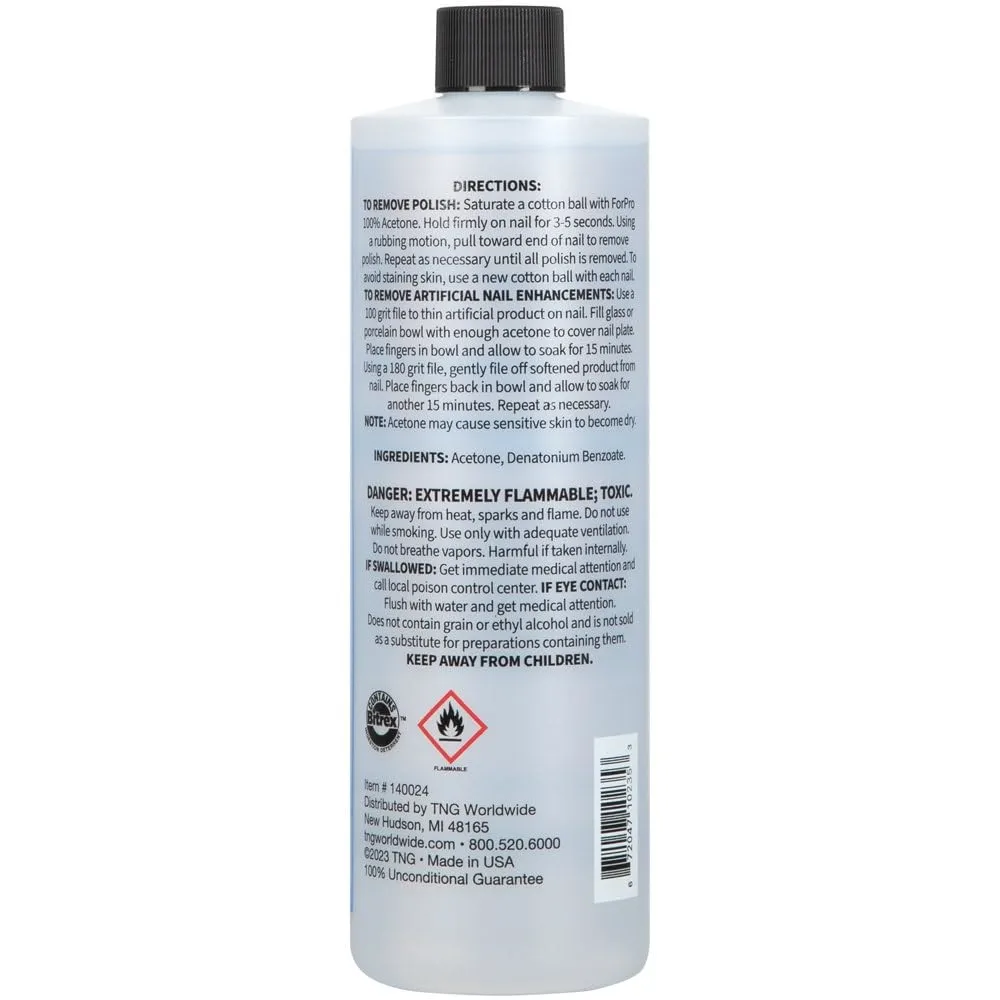 ForPro Professional Collection 100% Pure Acetone, Professional Nail Polish Remover for Natural, Artificial, Acrylic, and Sculptured Nails, Removes Gel Polish, Glue, and Glitter, 16 fl. oz.