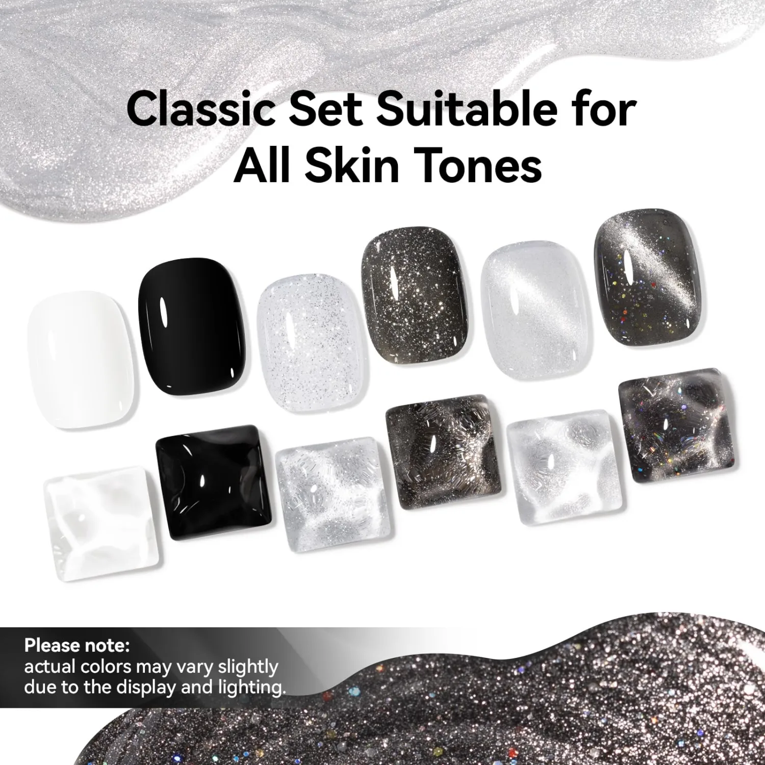 Nail Polish Set 6 Colors Black White Silver Gray Sparkle Cat Eye Glitter Shimmer Nail Polish Kit with Magnet, Quick Air Dry Non Gel, Nail Art DIY Home Travel Manicure Gift for Women Girls