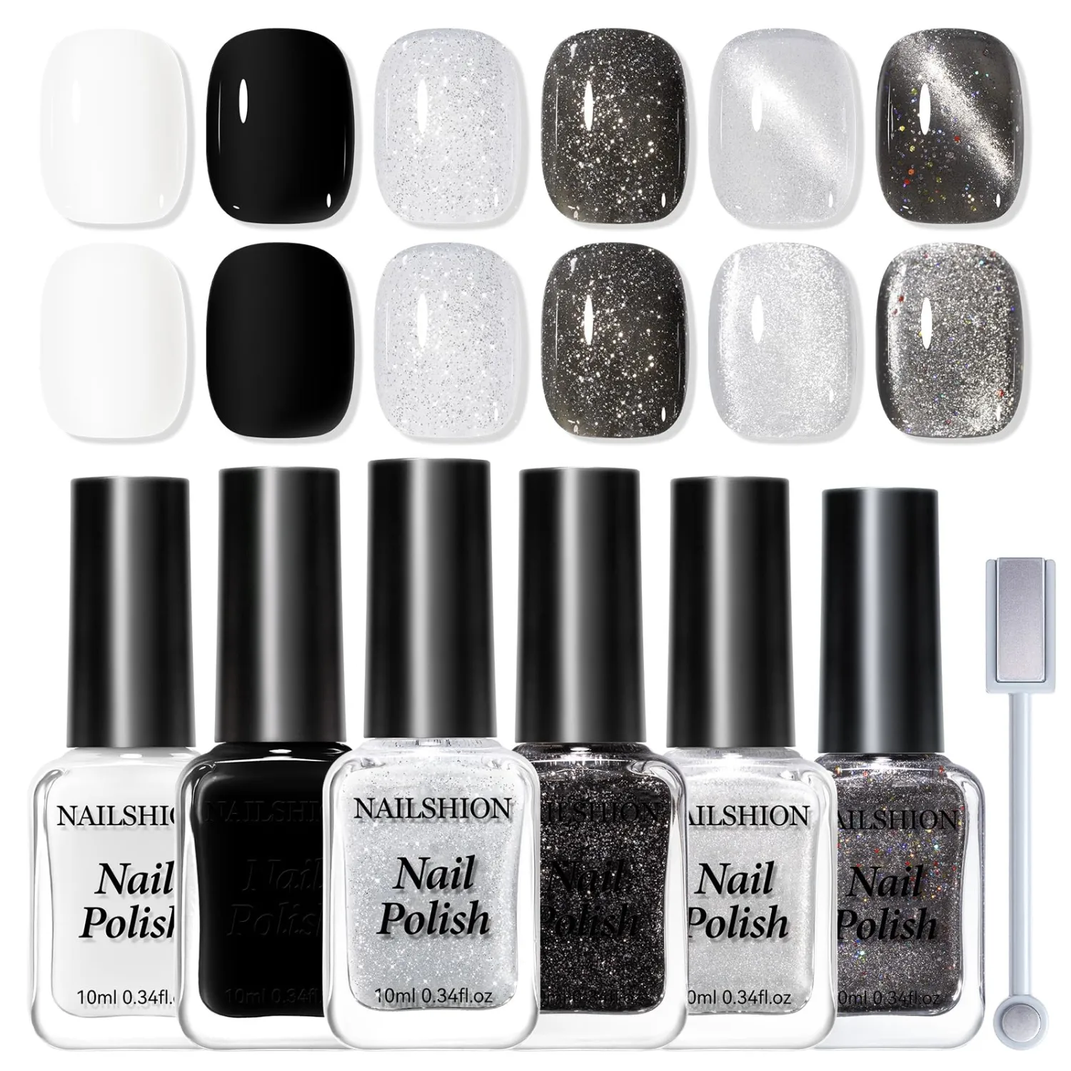 Nail Polish Set 6 Colors Black White Silver Gray Sparkle Cat Eye Glitter Shimmer Nail Polish Kit with Magnet, Quick Air Dry Non Gel, Nail Art DIY Home Travel Manicure Gift for Women Girls