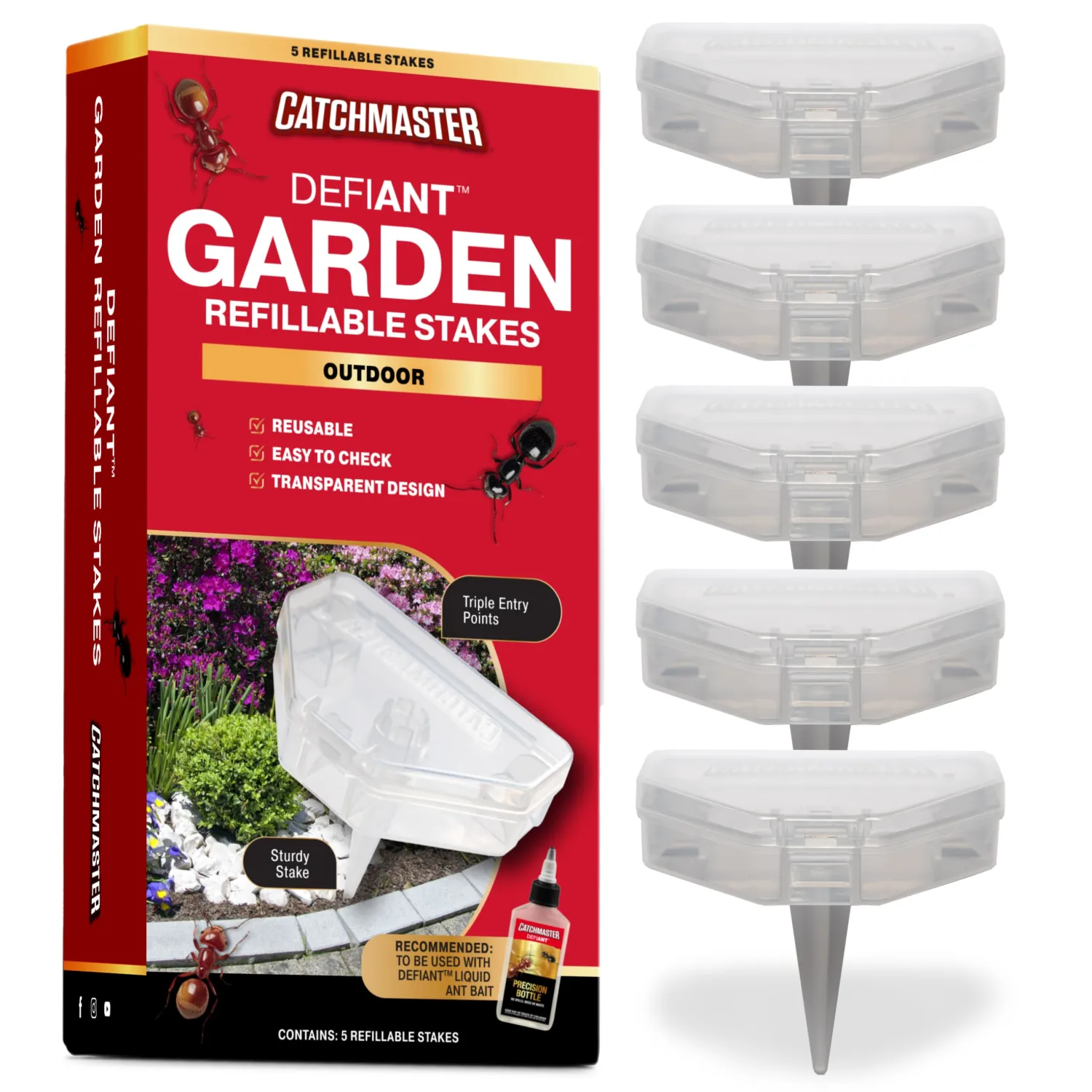 Catchmaster DEFIANT Outdoor Reusable Garden Stakes Ant Traps (5 Pack) – Kills Ants in Garden, Soil or Mulch - Liquid Ant Killer Bait NOT Included – No Mess, Discreet Bait Stations for Pest Control