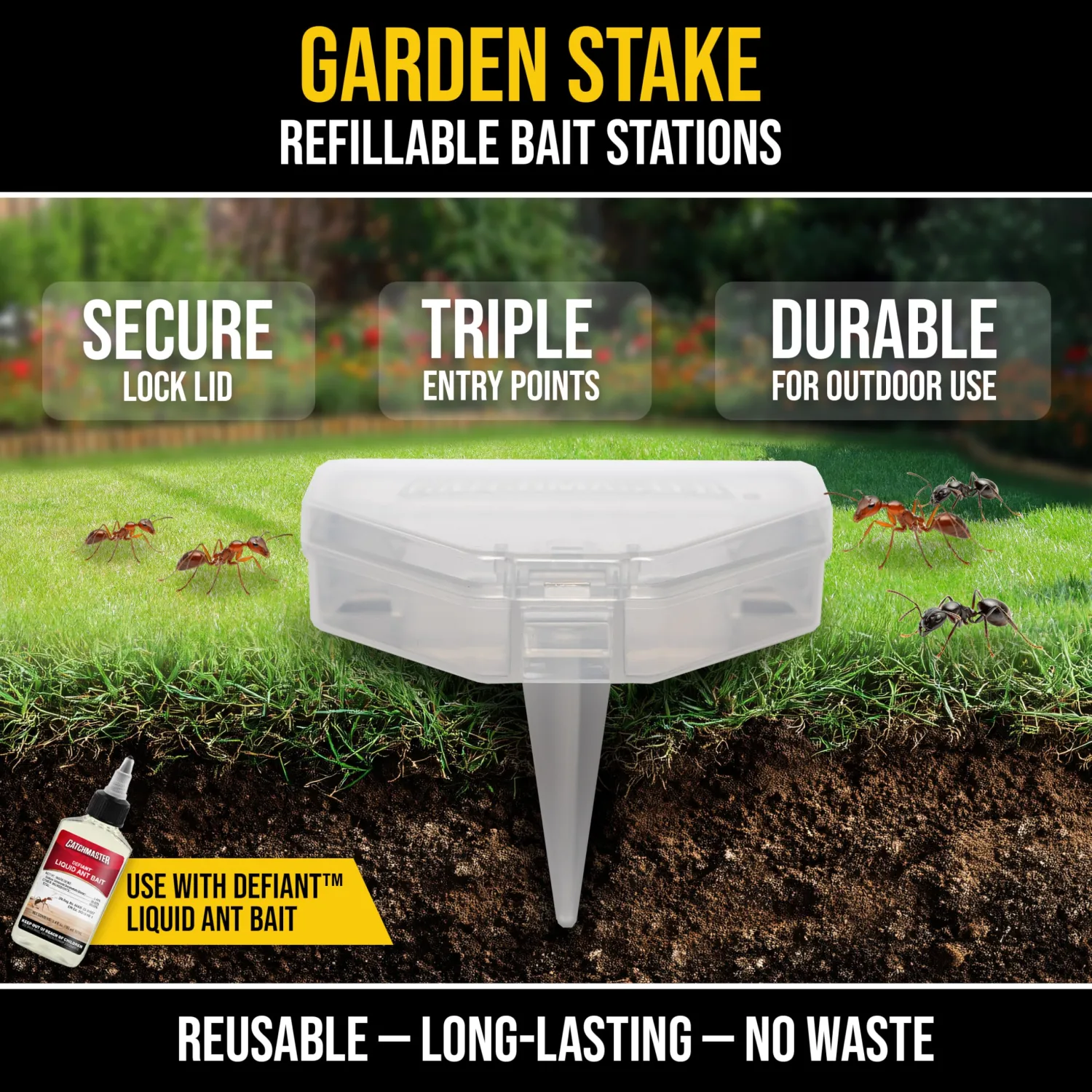 Catchmaster DEFIANT Outdoor Reusable Garden Stakes Ant Traps (5 Pack) – Kills Ants in Garden, Soil or Mulch - Liquid Ant Killer Bait NOT Included – No Mess, Discreet Bait Stations for Pest Control