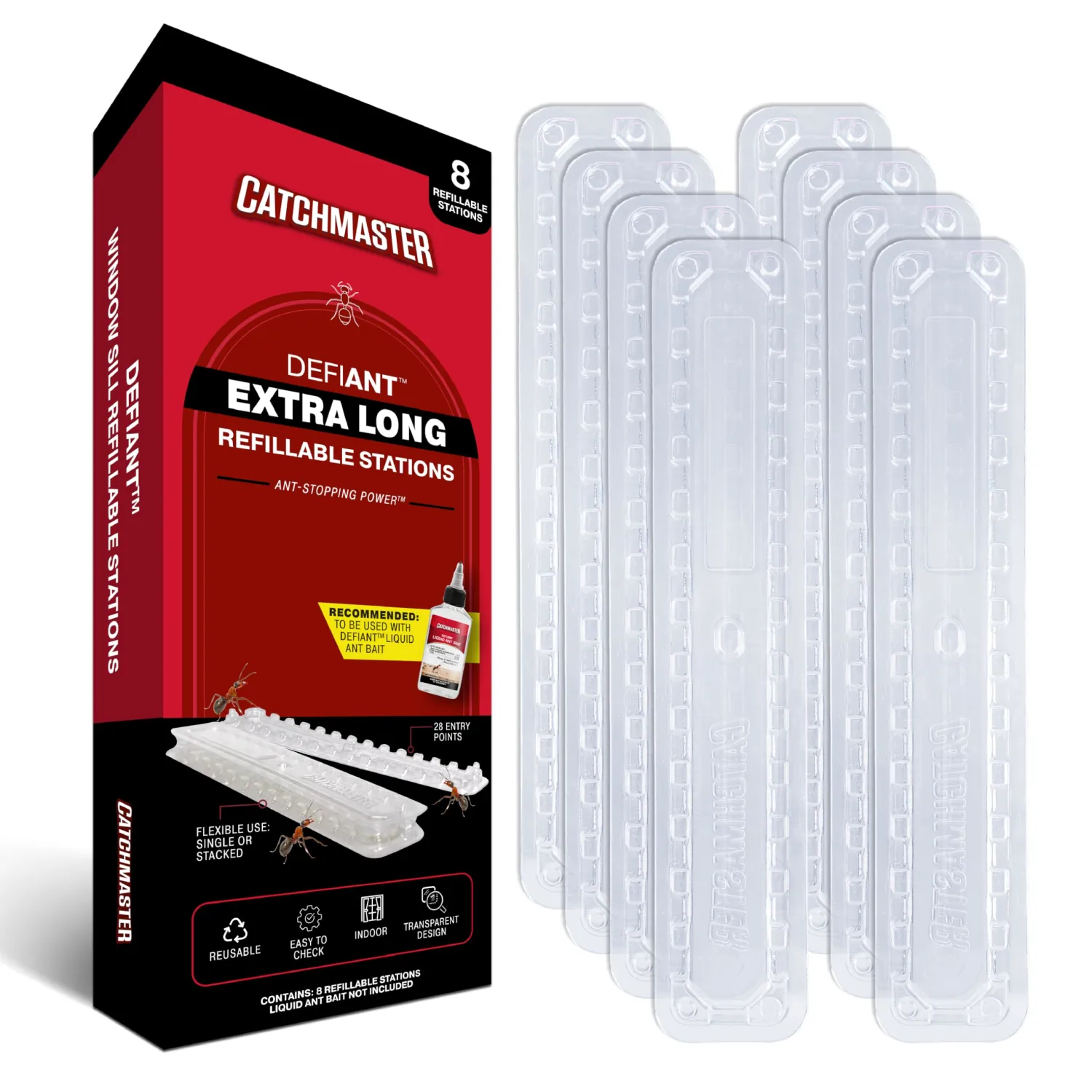 Catchmaster DEFIANT Extra Long Reusable Ant Traps Indoor (8 Pack) For Narrow Spaces – Liquid Ant Killer - Bait NOT Included - Stackable, Translucent Design – 28 Entry Points For Maximum Access