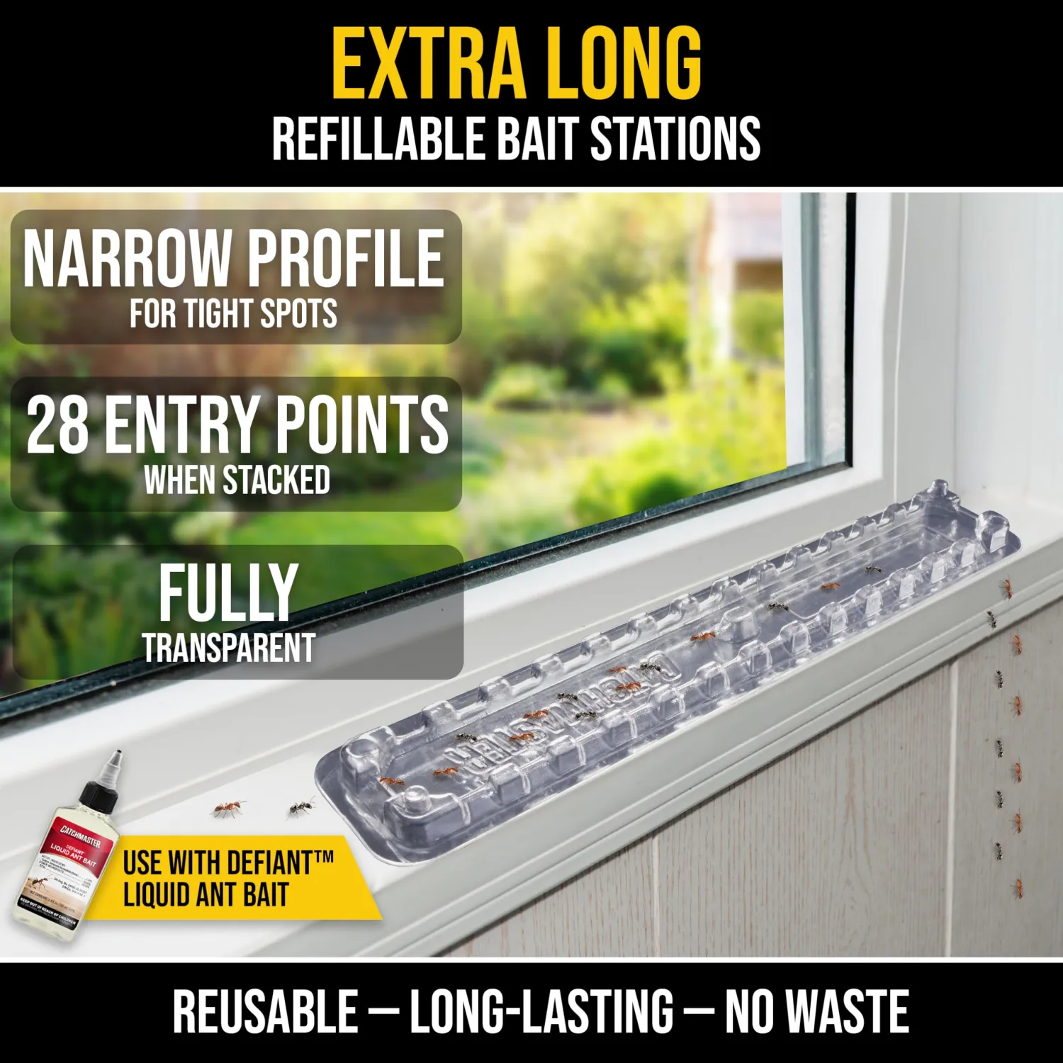 Catchmaster DEFIANT Extra Long Reusable Ant Traps Indoor (8 Pack) For Narrow Spaces – Liquid Ant Killer - Bait NOT Included - Stackable, Translucent Design – 28 Entry Points For Maximum Access