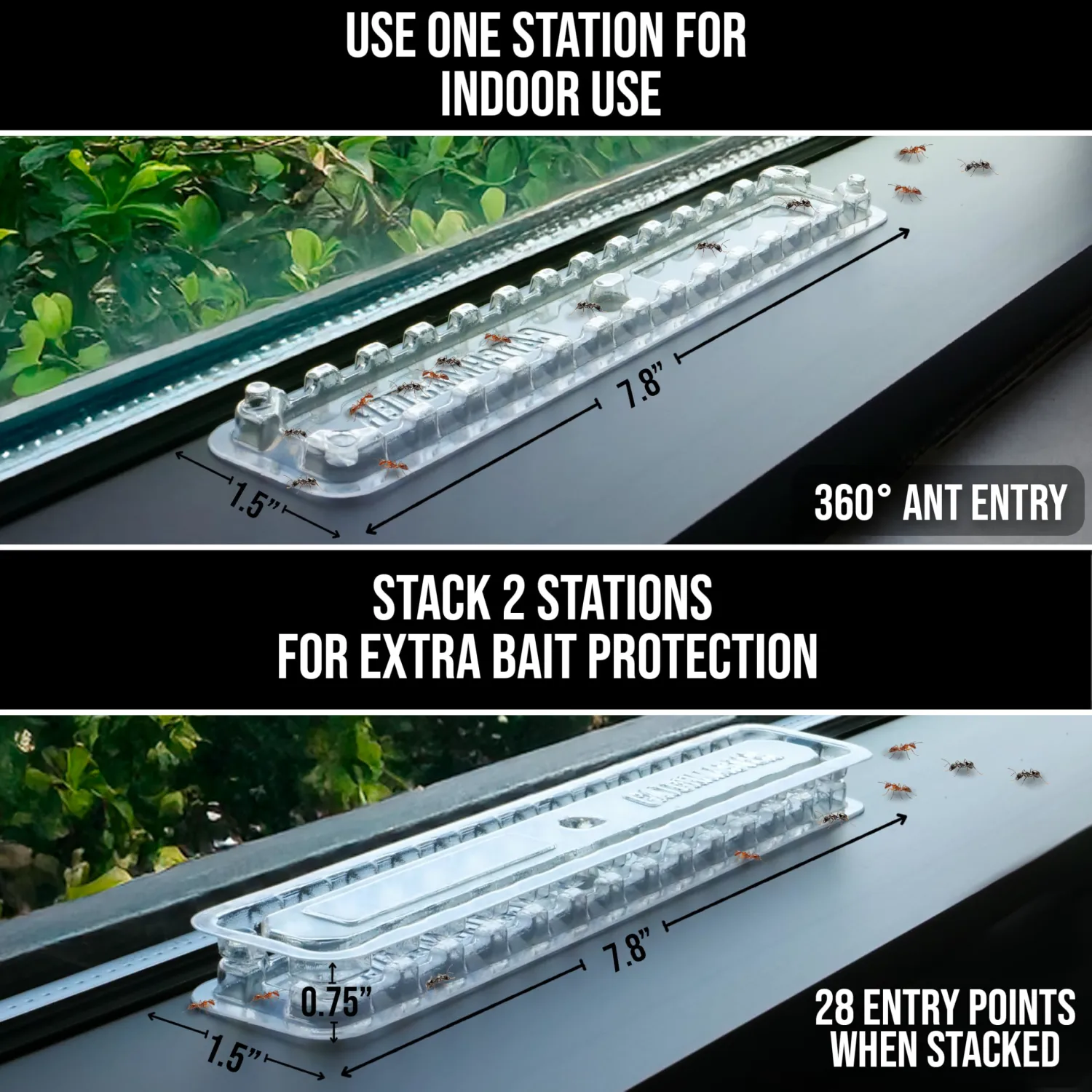 Catchmaster DEFIANT Extra Long Reusable Ant Traps Indoor (8 Pack) For Narrow Spaces – Liquid Ant Killer - Bait NOT Included - Stackable, Translucent Design – 28 Entry Points For Maximum Access