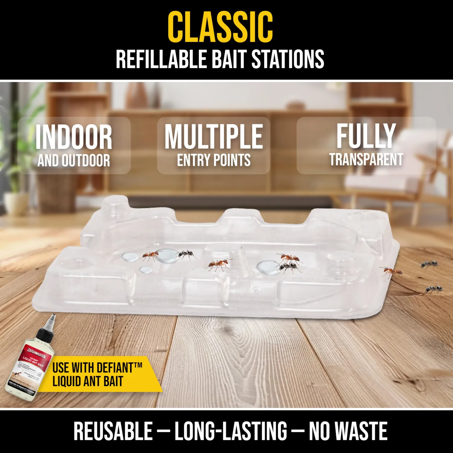 Catchmaster DEFIANT Reusable Ant Traps Indoor Refill (16 Pack) – Effective Liquid Ant Killer – Bait NOT Included – Stackable, Multi-Surface, No Mess, Discreet Bait Stations for Pest Control