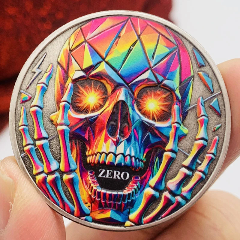 Skull-and-finger Design Color-printed Nickel-plated Antique Silver Commemorative Medal