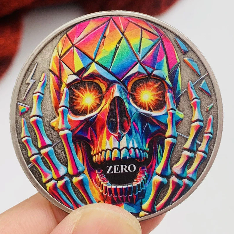 Skull-and-finger Design Color-printed Nickel-plated Antique Silver Commemorative Medal
