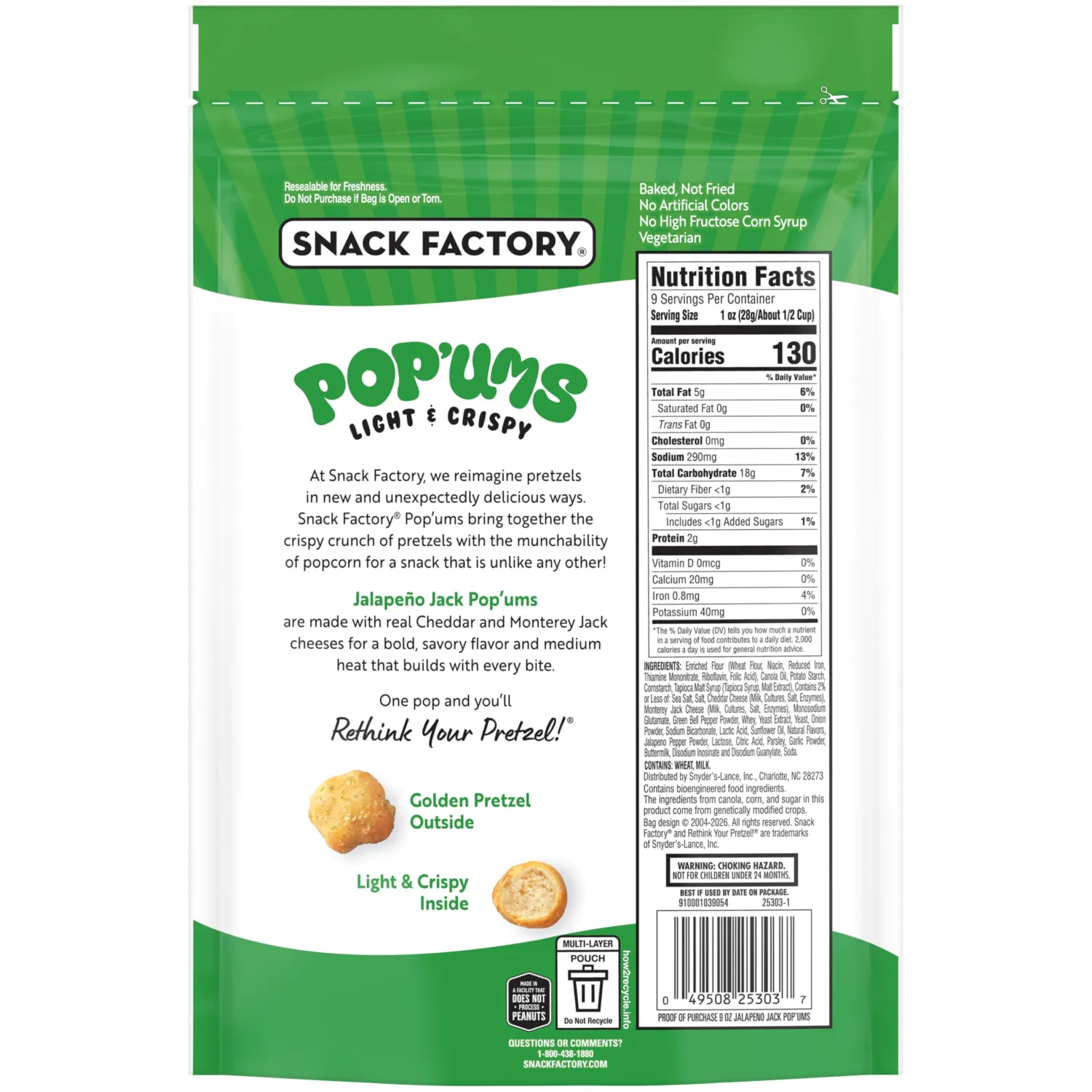Snack Factory Pop'ums Jalapeno Jack Pretzel Snacks, 9 Oz Bag