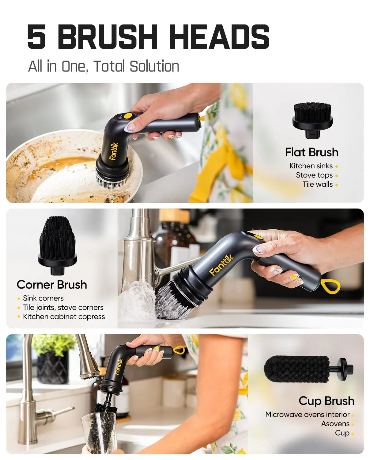 Fanttik G9 Handy Cordless Electric Spin Scrubber, MagnaStorm Motor, Dual-Speed, 5 Brush Heads, LED Display, IPX7 Waterproof, 2500mAh with Type-C Charging, for Kitchen, Sink, Tile, Stove