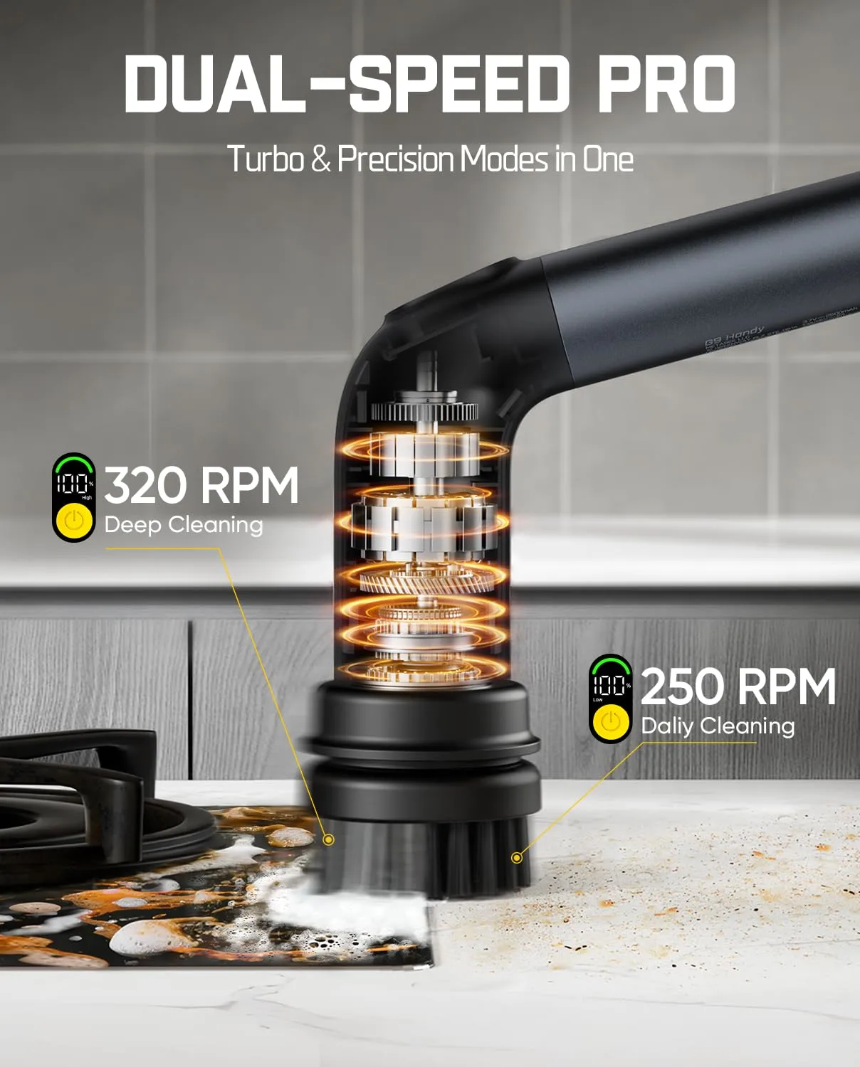 Fanttik G9 Handy Cordless Electric Spin Scrubber, MagnaStorm Motor, Dual-Speed, 5 Brush Heads, LED Display, IPX7 Waterproof, 2500mAh with Type-C Charging, for Kitchen, Sink, Tile, Stove