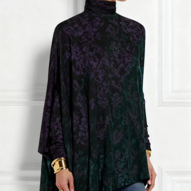 Loose-fitting Slimming Purple And Green Color-block Asymmetrical Hem Top