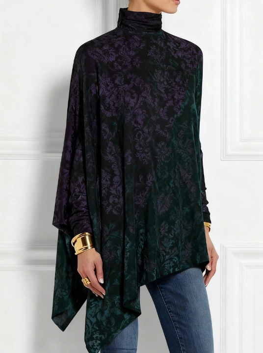 Loose-fitting Slimming Purple And Green Color-block Asymmetrical Hem Top