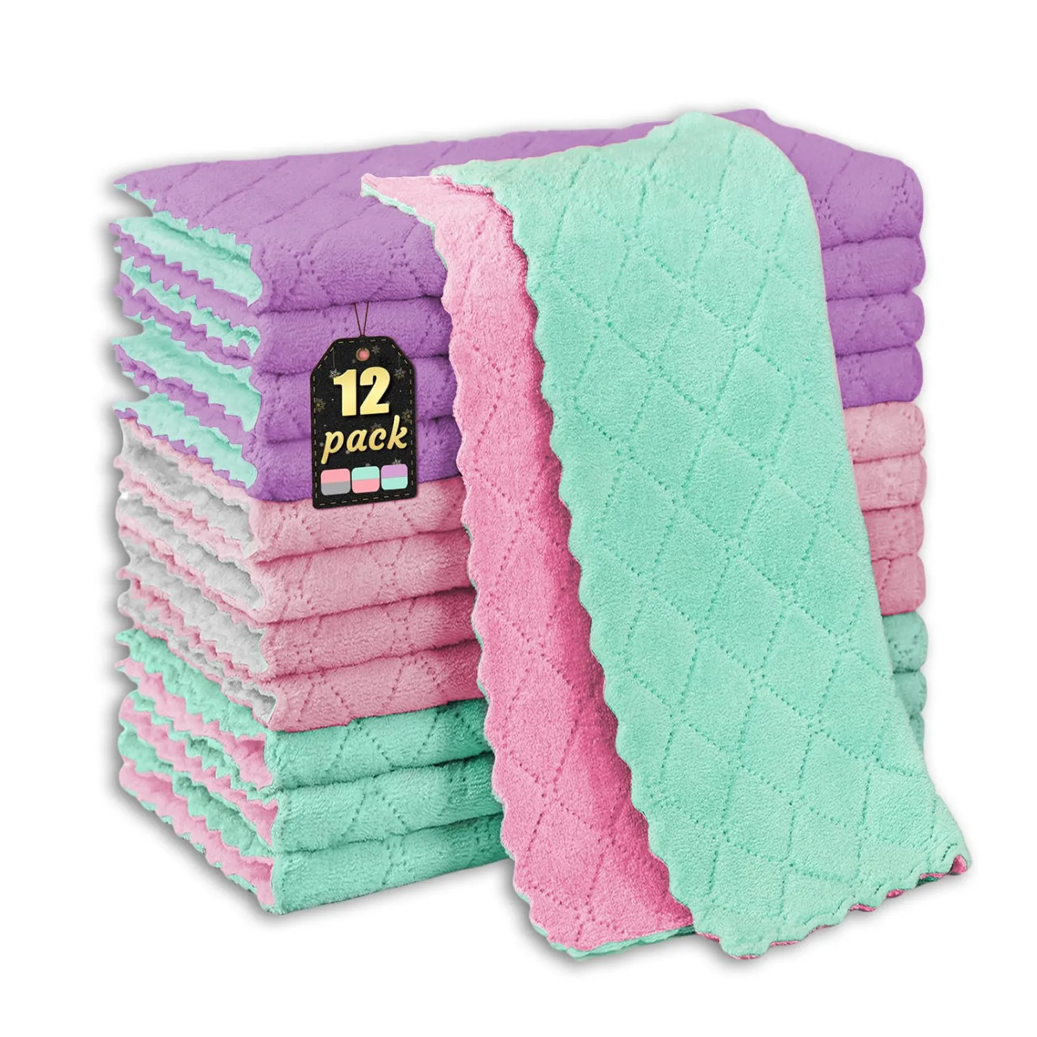 12-Pack Kitchen Cloth, Dish Towels, Microfiber Cleaning Cloths, Premium Coral Fleece Reuseable Fast Drying Cloths for Kitchen, Bathroom, Restroom and Household Cleaning Supplies, 10"×10"