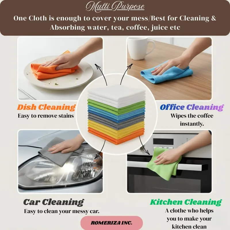6‑Pack Microfiber Cleaning Cloths – Reusable, Lint‑Free Multi‑Color Towels for Kitchen, Car, Glass & Bathroom, Machine‑Washable Multipurpose Cleaning Rags