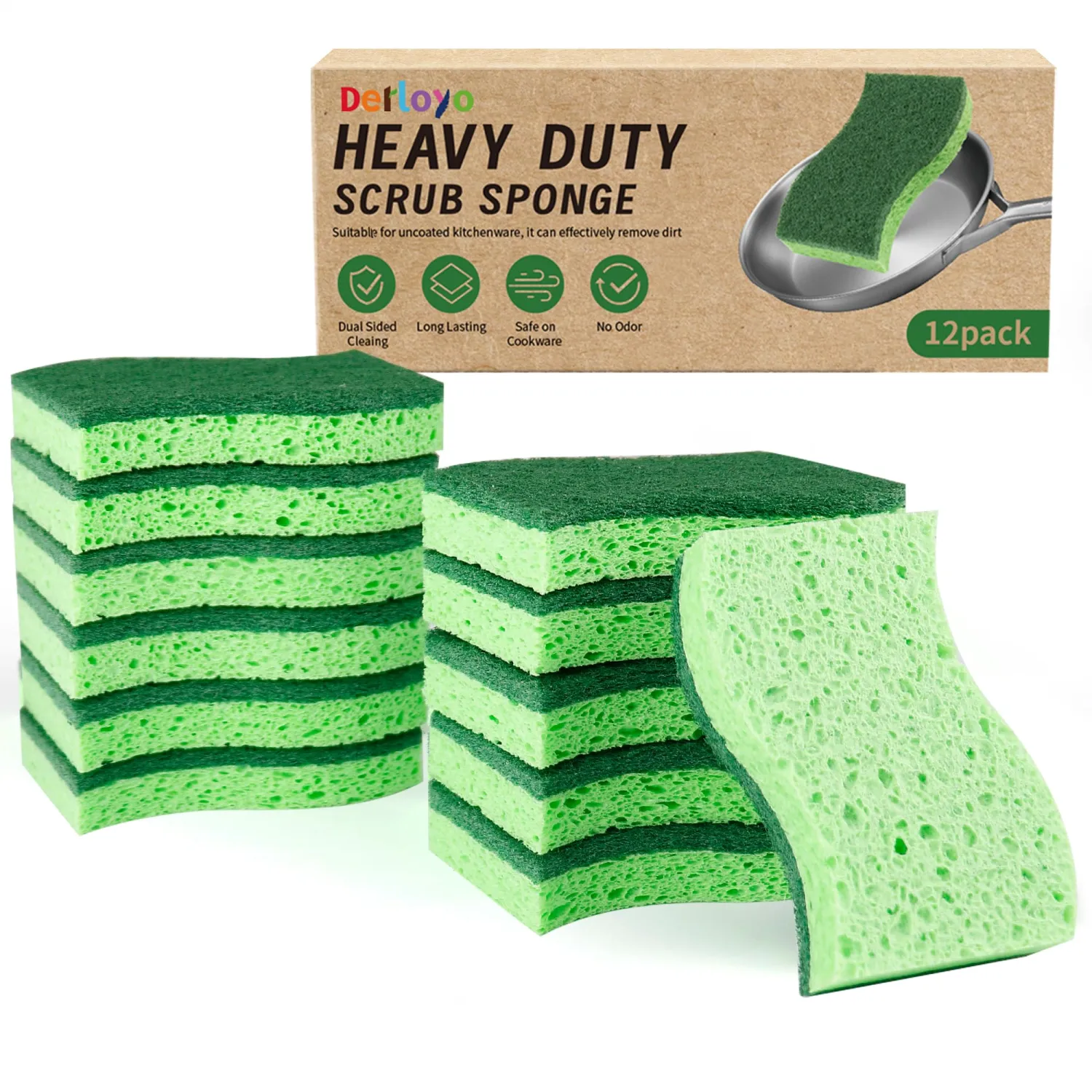 12 Count Heavy Duty Scrub Sponges,Long Lasting Cleaning Sponges for Cleaning Kitchen and Household, Dishes,Dual Sided Kitchen Sponges for Non-Coated Cookware-Green