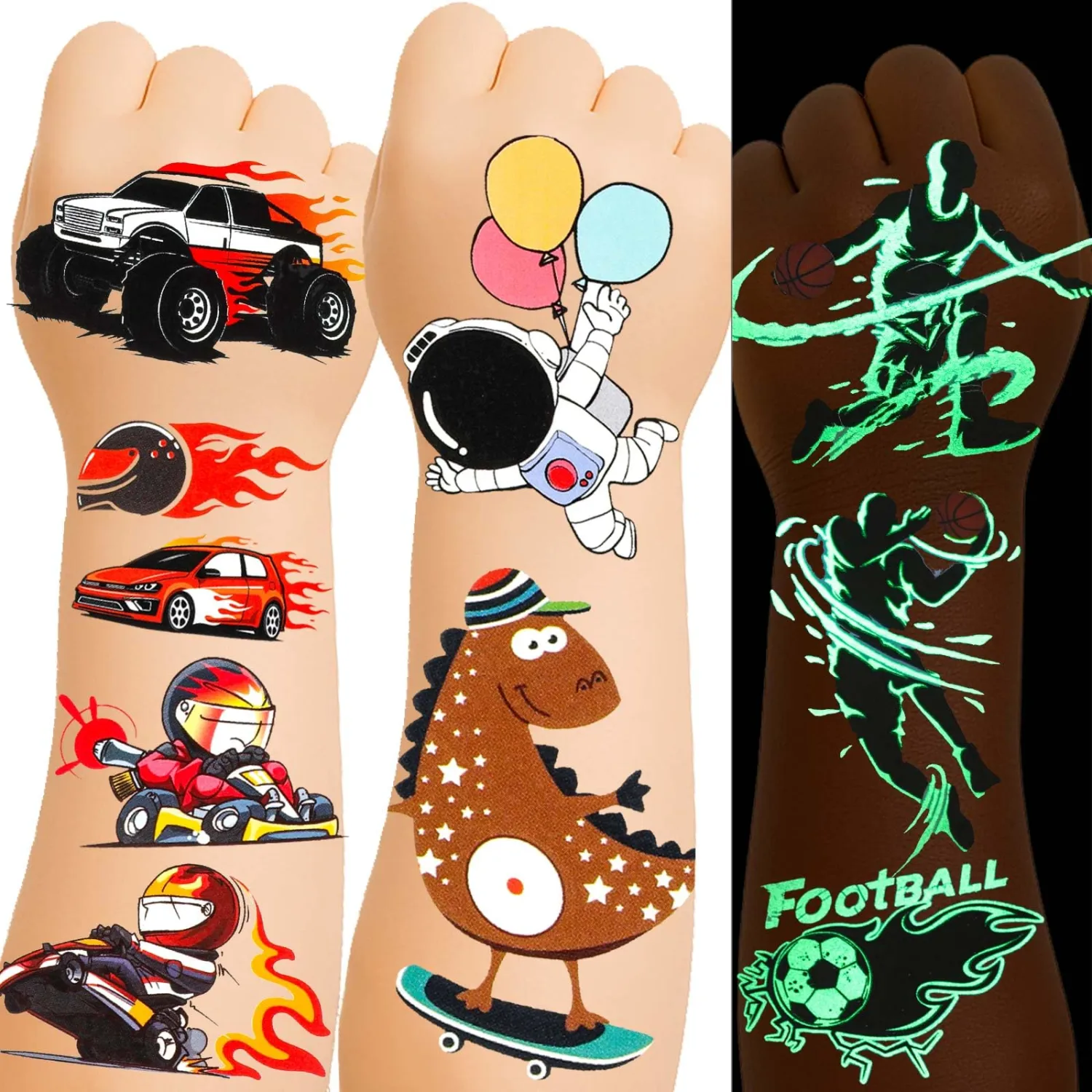 150+ Glow Kids Temporary Tattoos for Boys – Individually Wrapped, Waterproof, Glow in the Dark – Dinosaur, Ocean, Sports, Space