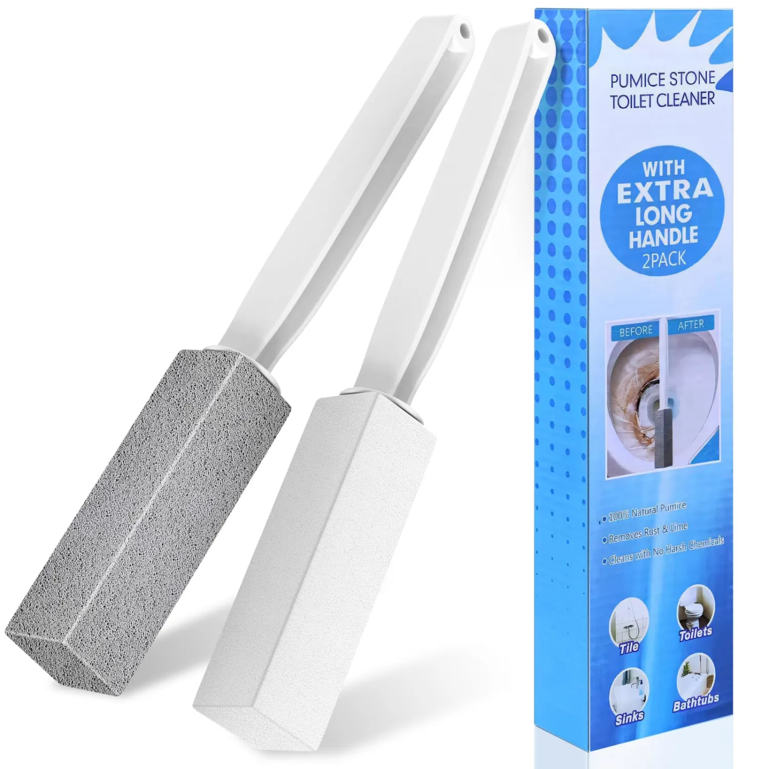 Toilet Bowl Cleaner Pumice Stone -Hard Water Stain Remover, Powerfully Removes Toilet Bowl Rings,Rust &Lime,Ideal for Toilet Brush/BBQ Grills/Sink/Pool/Bathroom【2Pack】 (Extra Long Handle)