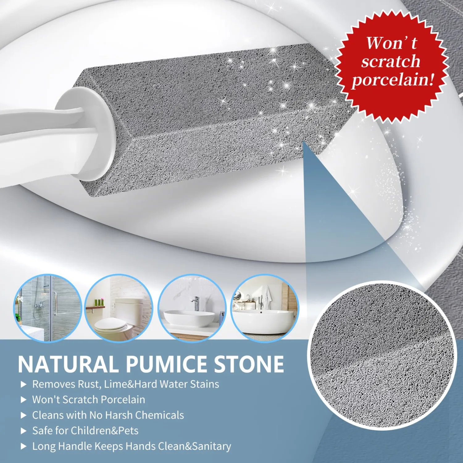 Toilet Bowl Cleaner Pumice Stone -Hard Water Stain Remover, Powerfully Removes Toilet Bowl Rings,Rust &Lime,Ideal for Toilet Brush/BBQ Grills/Sink/Pool/Bathroom【2Pack】 (Extra Long Handle)