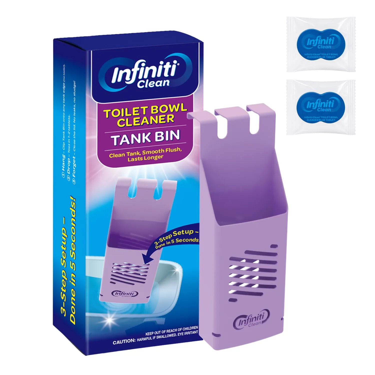 Toilet Tank Tablet Holder with 2 Blue Toilet Bowl Tablets, 8.97 x 3.22 x 2.25 Inch Tablet Holder - Prevents Flapper Jams & Residue, Extends Life of Drop-In Cleaner Tablets