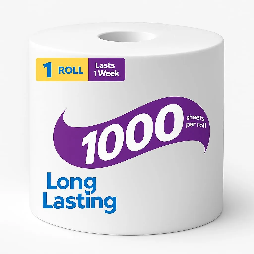 1000 Toilet Paper, 1 Roll, 1,000 Sheets per Roll, White Bathroom Tissue for Home, Office and Guest Restrooms, Long-Lasting 1-Ply Roll for Everyday Use