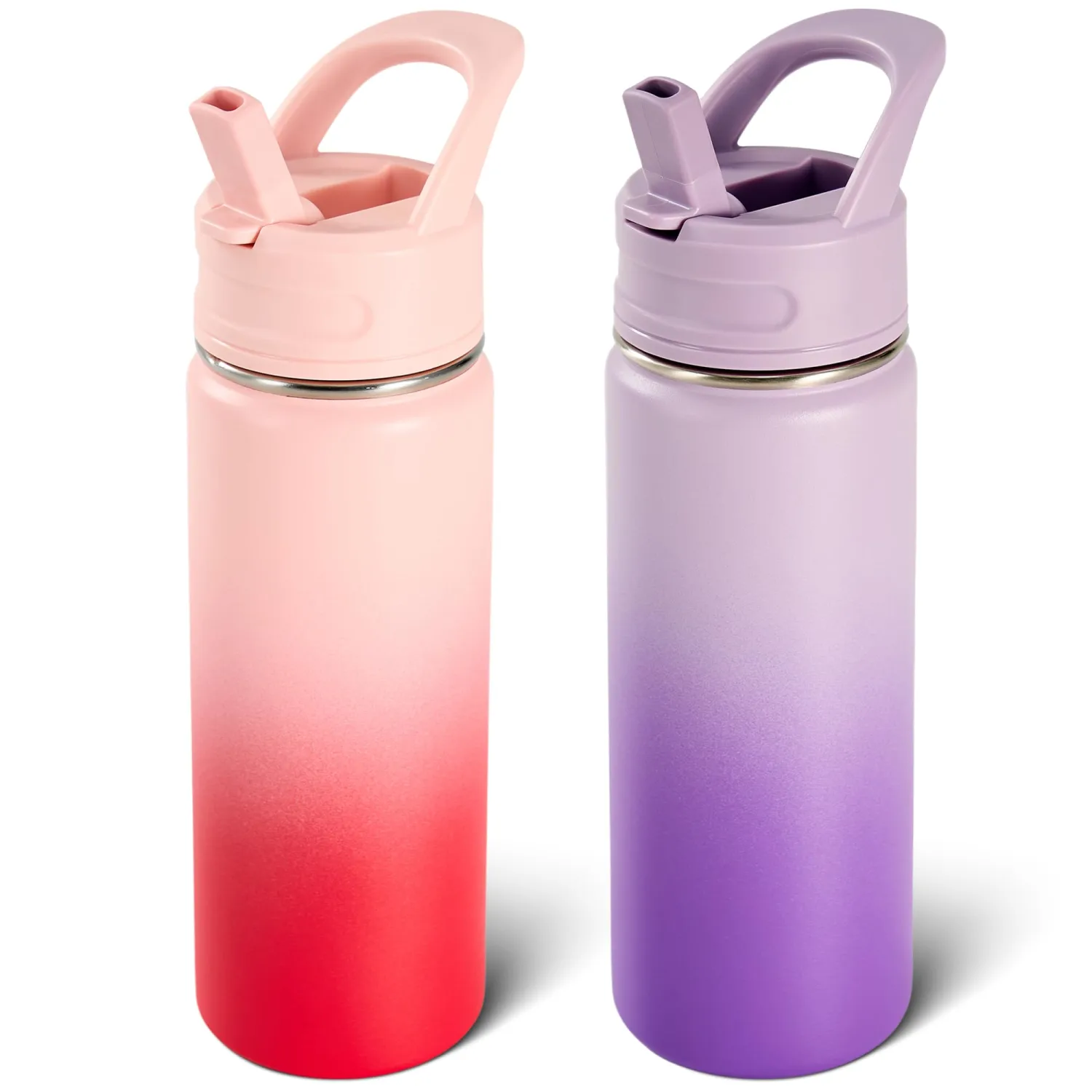 2 Pack 18oz Insulated Stainless Steel Water Bottle with Straws, Double Wall Vacuum Insulated Bottles, Metal Thermo for Travel, Sports, Leak-Proof, BPA Free, Women & Men, Purple&Pink Gradient