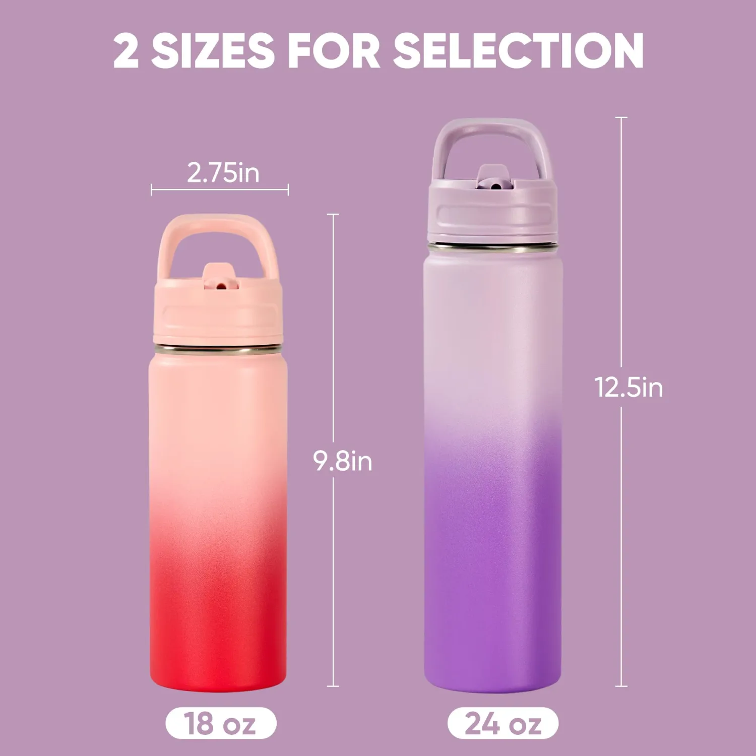 2 Pack 18oz Insulated Stainless Steel Water Bottle with Straws, Double Wall Vacuum Insulated Bottles, Metal Thermo for Travel, Sports, Leak-Proof, BPA Free, Women & Men, Purple&Pink Gradient