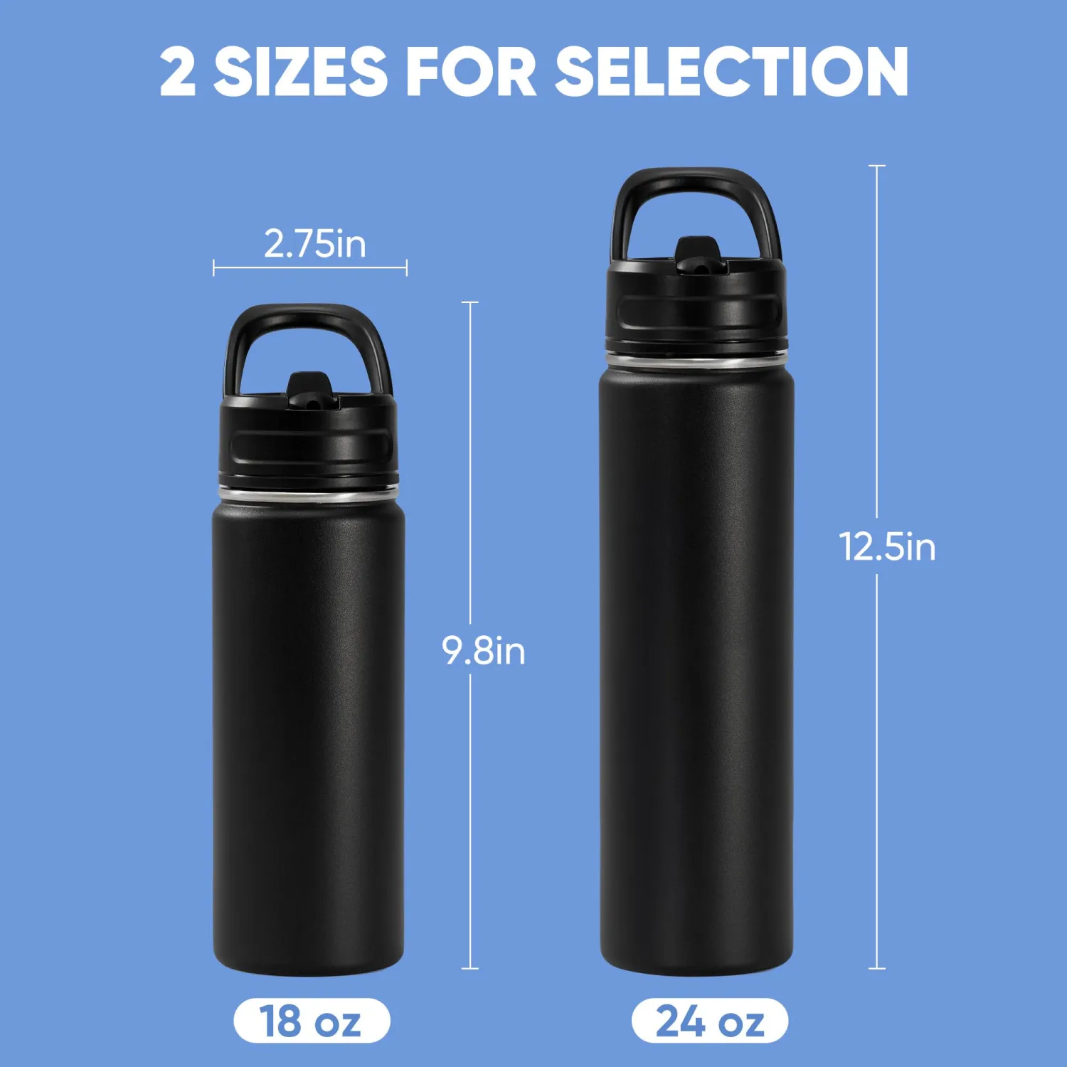 24oz Insulated Stainless Steel Water Bottle with Straws, Double Wall Vacuum Insulated Bottles, Metal Thermo for Travel, Sports, Leak-Proof, BPA Free, Women & Men, Black