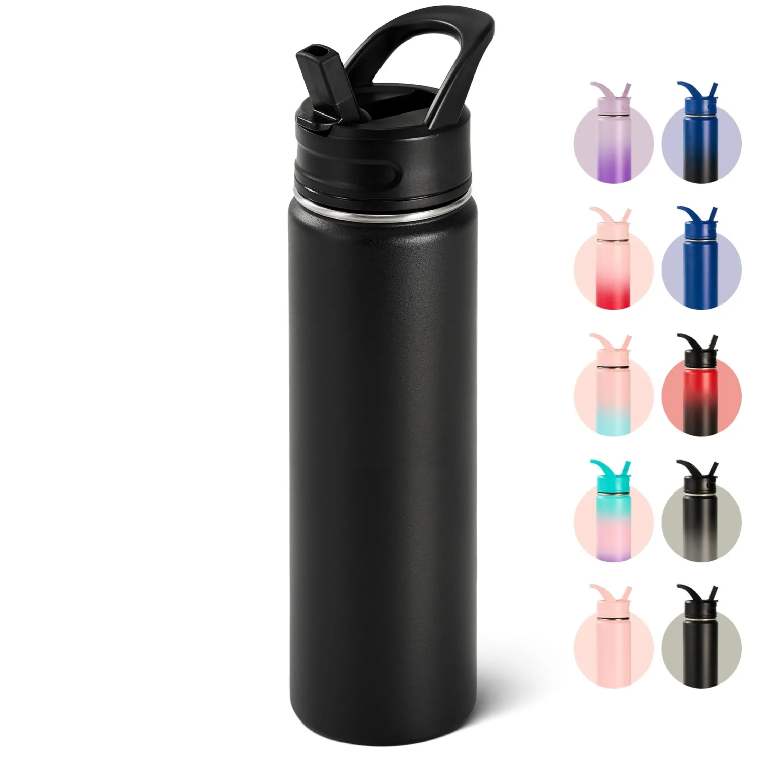 24oz Insulated Stainless Steel Water Bottle with Straws, Double Wall Vacuum Insulated Bottles, Metal Thermo for Travel, Sports, Leak-Proof, BPA Free, Women & Men, Black