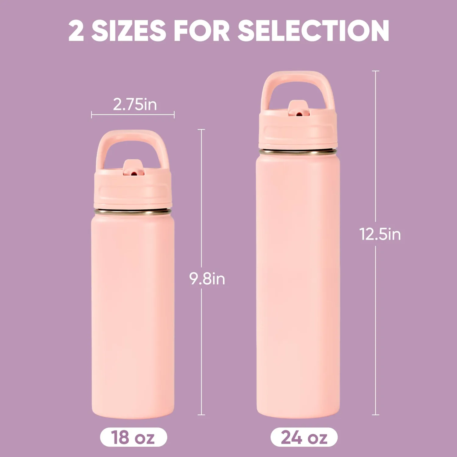 18oz Insulated Stainless Steel Water Bottle with Straws, Double Wall Vacuum Insulated Bottles, Metal Thermo for Travel, Sports, Leak-Proof, BPA Free, Women & Men, Pink