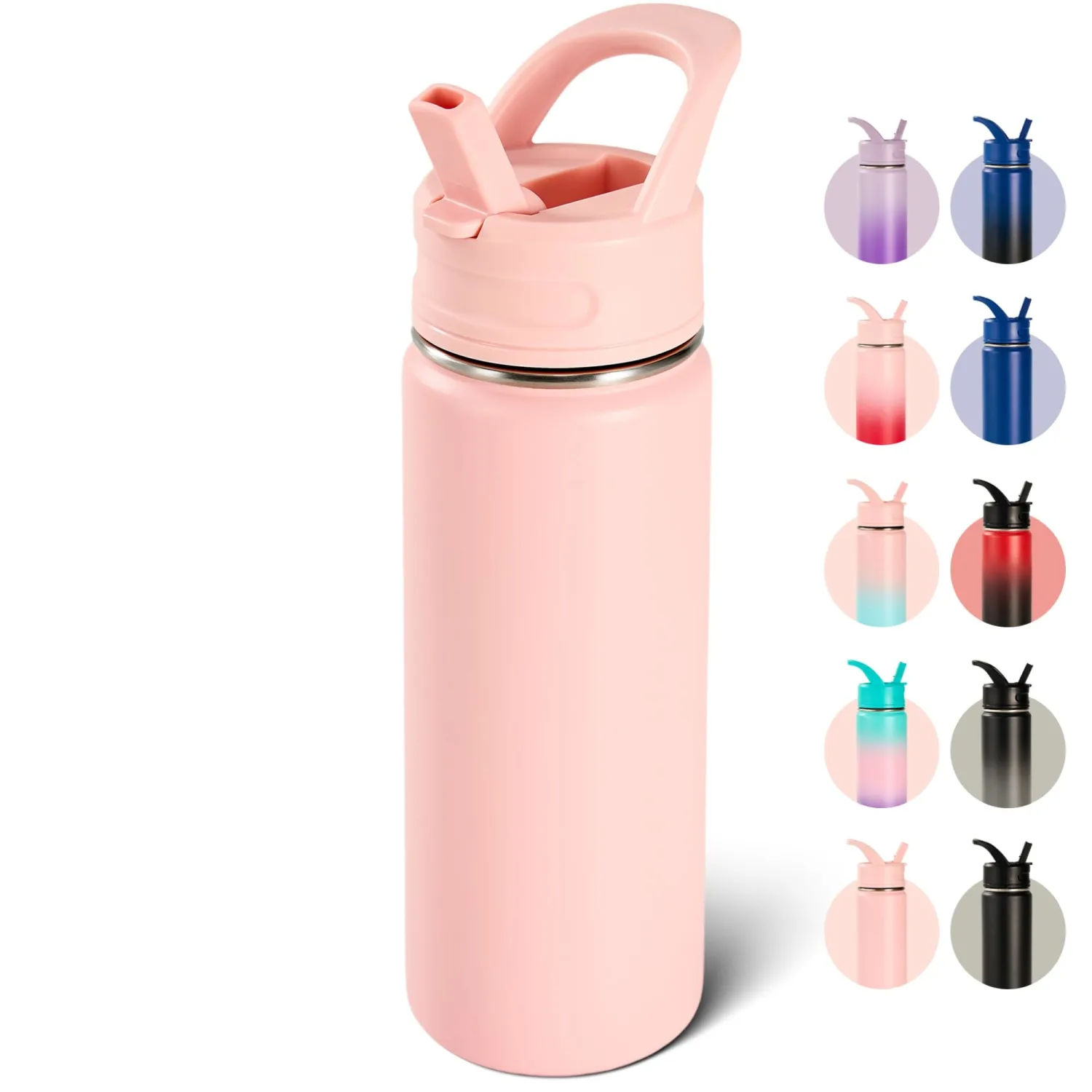 18oz Insulated Stainless Steel Water Bottle with Straws, Double Wall Vacuum Insulated Bottles, Metal Thermo for Travel, Sports, Leak-Proof, BPA Free, Women & Men, Pink