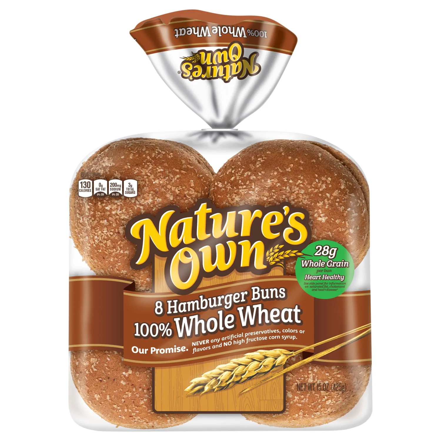 Nature's Own 100% Whole Wheat Hamburger Buns, Sandwich Buns, 8 Count