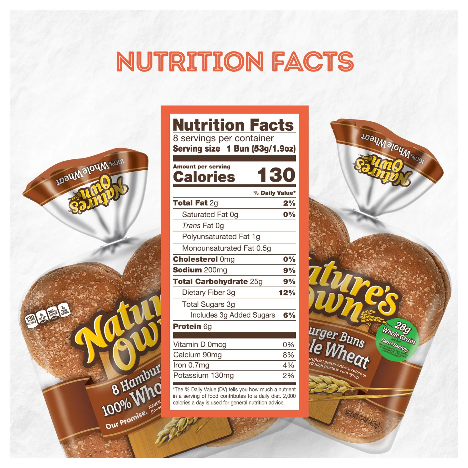 Nature's Own 100% Whole Wheat Hamburger Buns, Sandwich Buns, 8 Count
