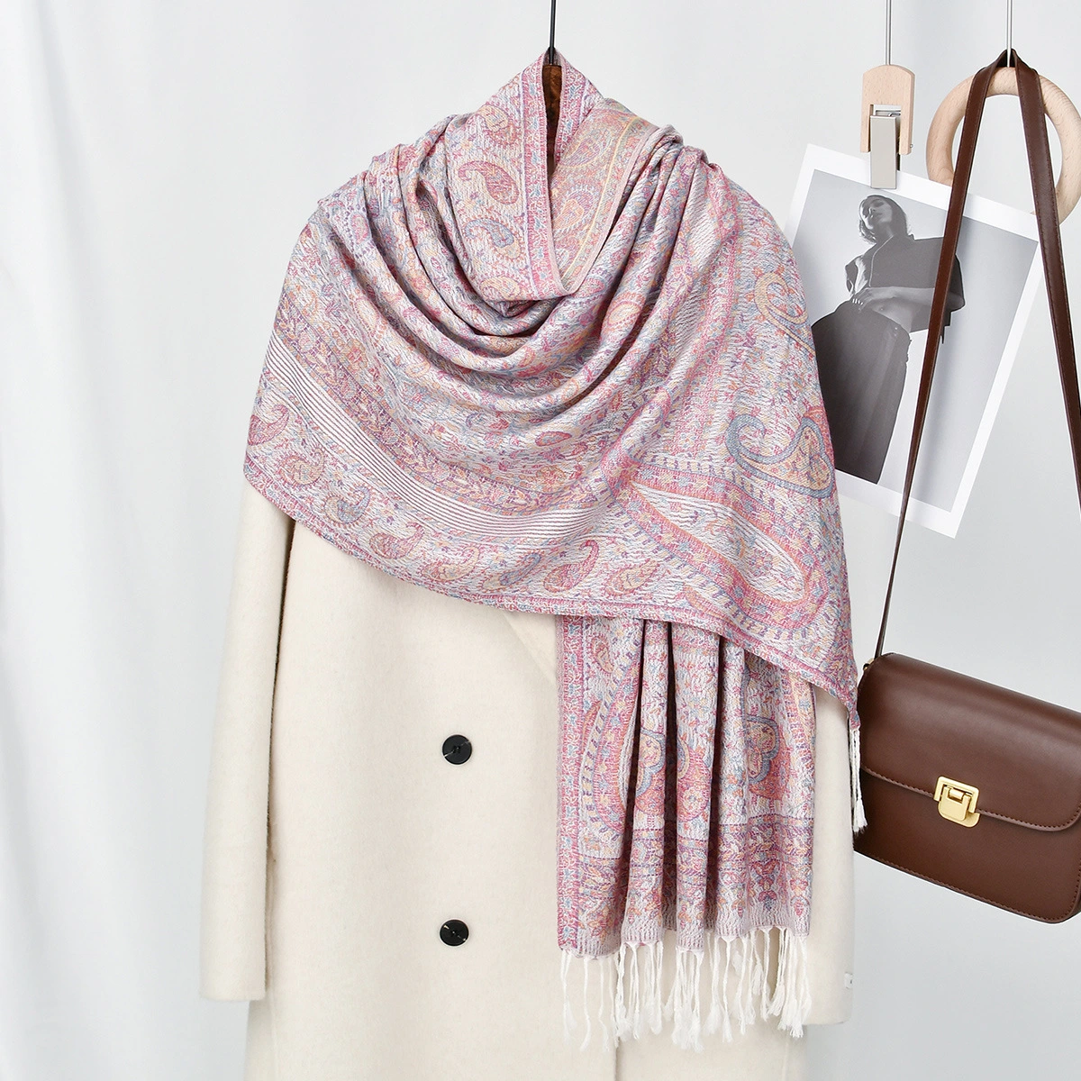 Cashew Printed Thick Jacquard Tassel Shawl For Women