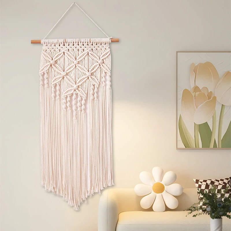 Cotton Rope Braided Diamond-Check Pattern Tasseled Tapestry