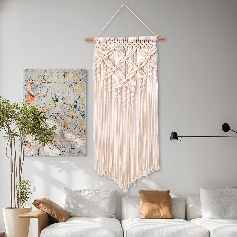 Cotton Rope Braided Diamond-Check Pattern Tasseled Tapestry