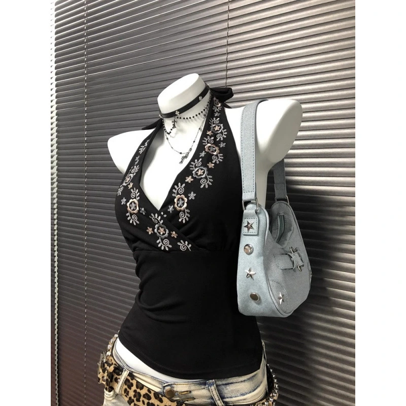 Niche Black V-Neck Embroidered Halter Backless Sophisticated Vintage Top