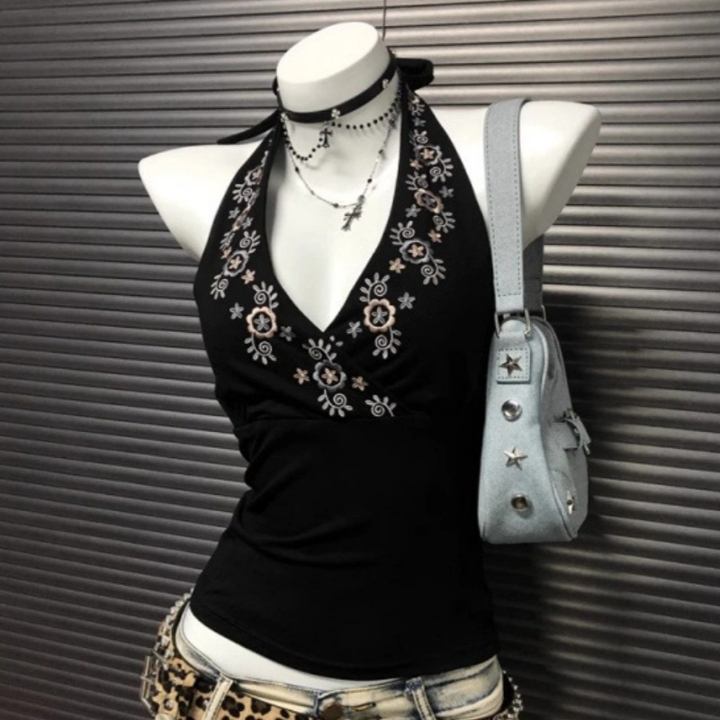 Niche Black V-Neck Embroidered Halter Backless Sophisticated Vintage Top
