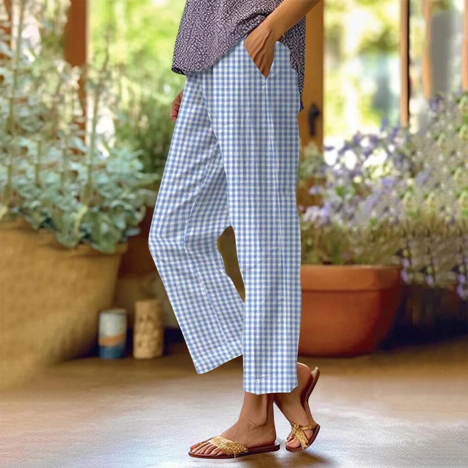 Womens Loose-Fit Cotton-Linen Pants With Plaid Pattern And Pockets