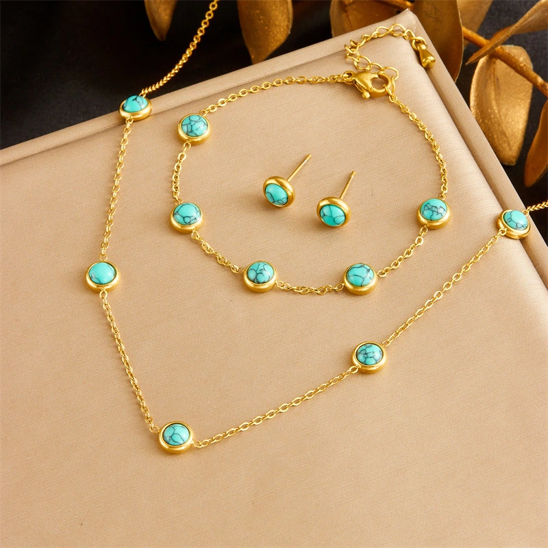 Retro All-Match Blue Turquoise Stainless Steel Jewelry Set